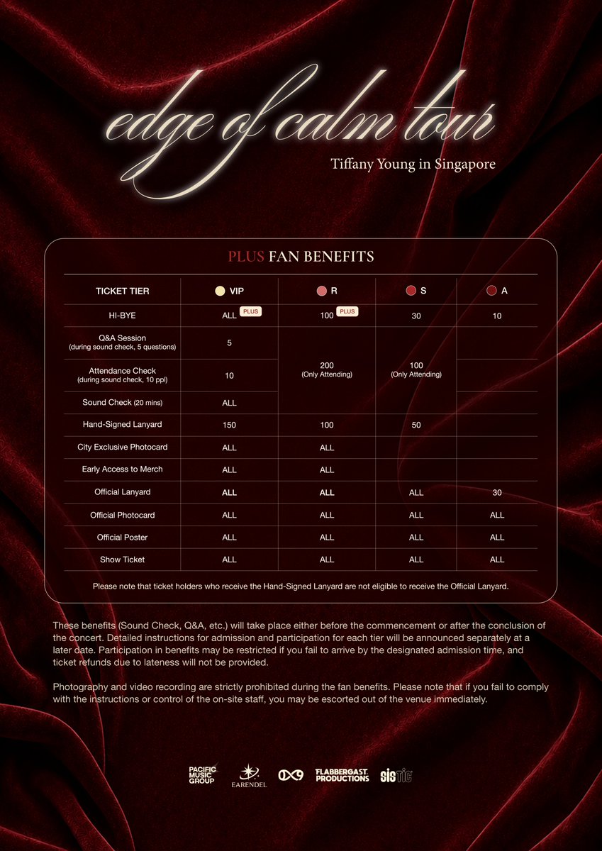 FlabbergastProd's tweet photo. Tiffany Young: Edge of Calm Tour 💗

As this tour celebrates Tiffany Young’s first full-length album, we’ve expanded the Fan Benefits so that Tiffany can share more special moments with fans and express her heartfelt gratitude for your love and support. ✨

Get ready to create even more unforgettable memories with Tiffany Young on the Edge of Calm Tour. 💗

More Fan Benefits, More Special Moments with Tiffany.

Tiffany Young: Edge of Calm Tour in Singapore! ✨

⬇BUY Tickets⬇
https://t.co/lZP1zrMXGK…

📅Show Date: SEP. 26, 2026
⏰Show Time: 19:00 (SGT)
📍Venue: Arena @ EXPO
🎫Ticket Price : SGD 288 / SGD 238 / SGD 208 / SGD 158
🪧 Organizer: Earendel Works @EarendelWorks  / Flabbergast Production
🏷Artist Management: Pacific Music Group

#TiffanyYoung #티파니영 #EdgeofCalmTour