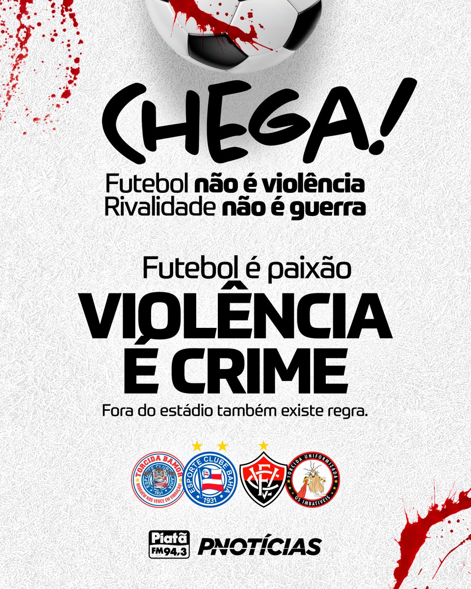 PiataFM's tweet photo. O Ba-Vi é rivalidade, paixão e festa
Bahia e Vitória são rivais, não inimigos.

Bamor e TUI têm força para mobilizar milhares de pessoas. Que essa força seja usada para apoiar, celebrar e proteger vidas.

Nenhuma camisa vale uma vida.

Rivalidade no campo. Respeito nas ruas. https://t.co/w303WdCV5Q