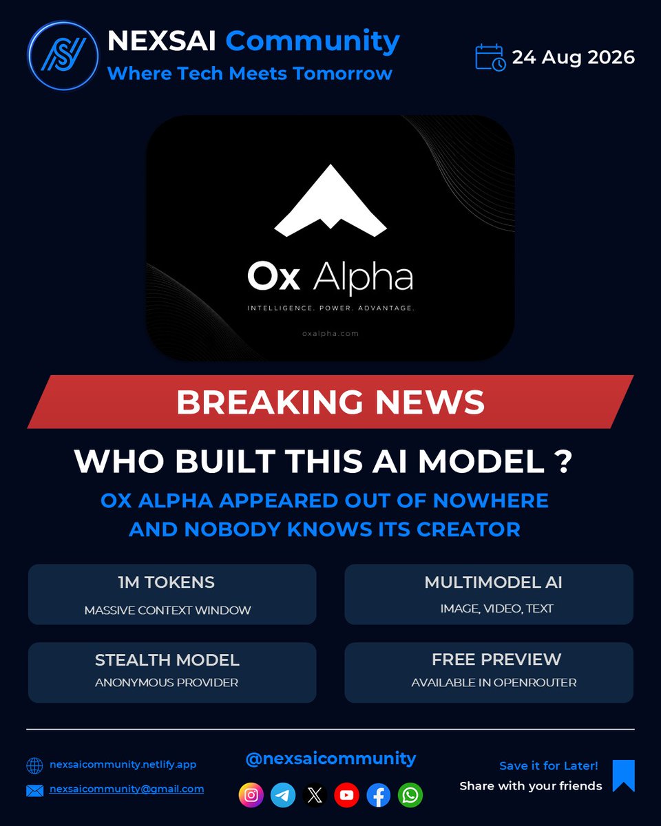 nexsaicommunity's tweet photo. 🕵️ A mysterious AI model called Ox Alpha appeared on OpenRouter.
1M-token context. Text + image + video. Free preview.
The wild part? Nobody knows who built it.
Several theories are circulating, but no creator has been confirmed.
#OxAlpha #AI #TechNews https://t.co/yND2z59FpV