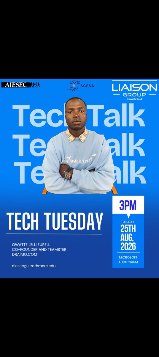 _celestino127's tweet photo. There's an exciting talk by @lelli_eurell who is part of the Draimo https://t.co/dBAcO3NF3U team. The talk will happen at Strathmore University, Nairobi in partnership with AIESEC. Purpose to attend if you want to know about our AI platfotm https://t.co/WV55QbhKJY