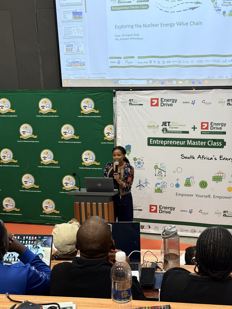 Princymthombeni's tweet photo. I always enjoy interacting with entrepreneurs: people who are thinking, building and looking for opportunities.

Last week at the @ULvarsity in Limpopo, I delivered a Nuclear Energy Value Chain masterclass for the AWEaP Entrepreneur Master Class.

We explored the businesses, skills, services and industrial opportunities behind nuclear energy.

You don’t have to build a reactor to participate in the nuclear economy.

#Nuclear #AWEaPMasterclass
