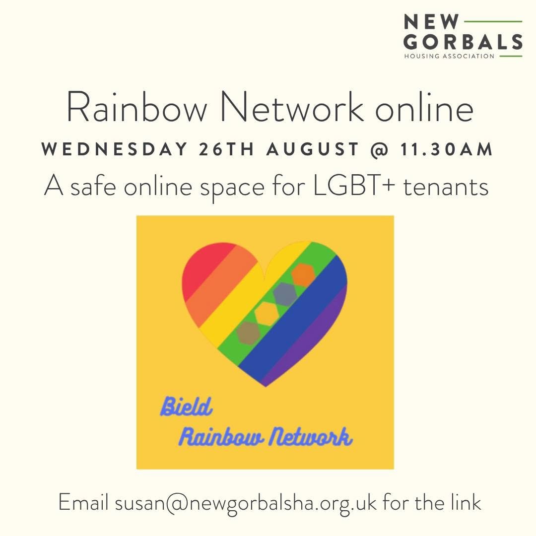 NewGorbalsHA's tweet photo. Join us at Bield's #RainbowNetwork online.
This is a safe online space for LGBT+ tenants. To join & chat about anything and everything via Teams please get in touch with susan@newgorbalsha.org.uk for the joining link.
📅Wednesday 26th August
🕚11.30am
📍Via Teams https://t.co/O7rxBCM7zS
