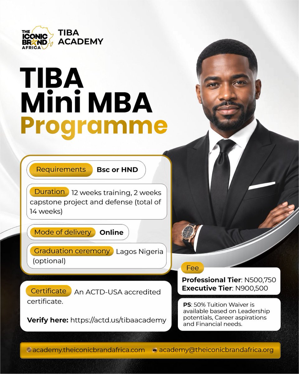 Grace457598's tweet photo. Apply for the Job-Ready Certification Program and at TIBA Academy and get a 100% SCHOLARSHIP on your Tuition 

Apply for the TIBA MINI-MBA program and get 50% Tuition Waiver .

By using my referral code GRACE 
Don't snooze on this opportunity. https://t.co/eDfbRg0x7S