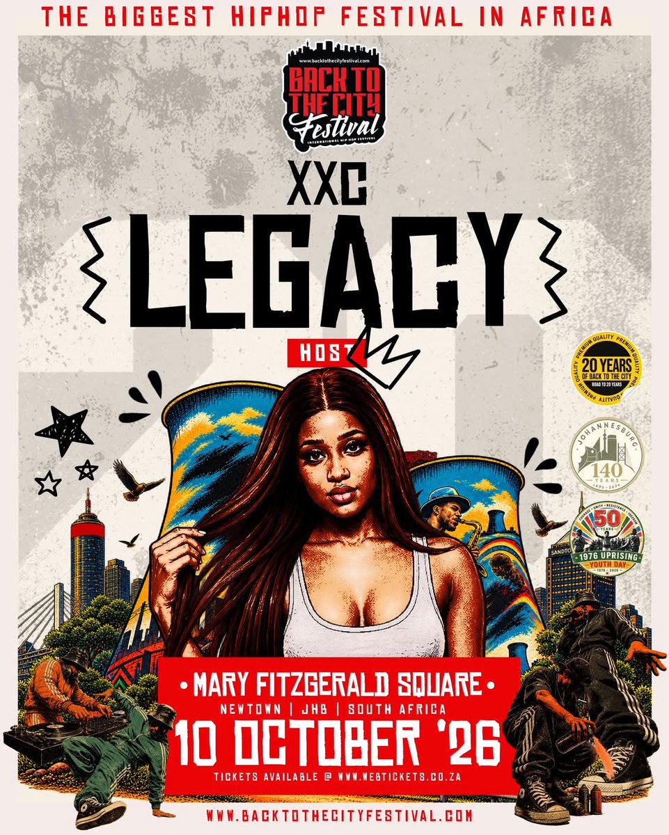 HypeMagazineSA's tweet photo. @xxc_legacy will be your official hosts for @BacktothecitySA 2026

Tickets available now at
https://t.co/0Fk8PqGv16 and webtickets 
Let's make history together! #BTTC2026 https://t.co/c0xEVQMIz6