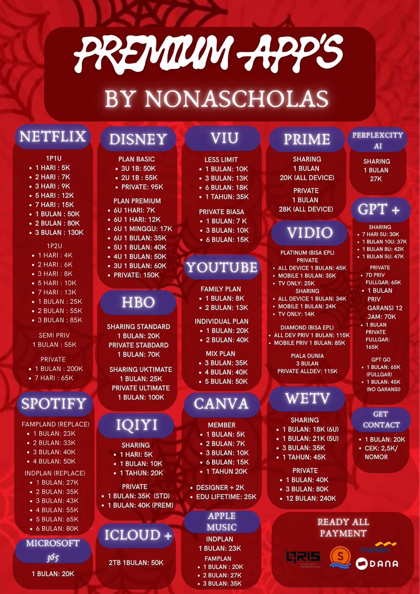 tyramisuw's tweet photo. yuqs yg malem nich mw begadang nongton or strimink ready semua netflix, disney, viu, wetv, canva, spotify, hbo, prime, order disini yuqs murah abiezt 🫰🏻
https://t.co/CVSg6PRTey

#zonauang #zonajajan #murah #trusted https://t.co/thj9OfnZ4l