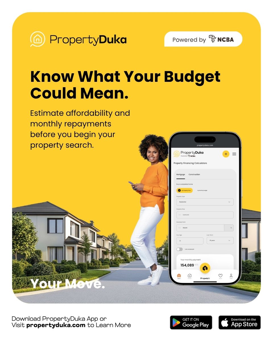 PropertyDukaKe's tweet photo. Understand the numbers before you start viewing. 🏠

PropertyDuka’s financing calculators help you estimate affordability and monthly repayments so you can search with a clearer budget.

Try it at https://t.co/V1RoUkj7TG.

#PropertyDuka #MortgageCalculator #HomeBuyingKenya https://t.co/lJ81pxPNYF