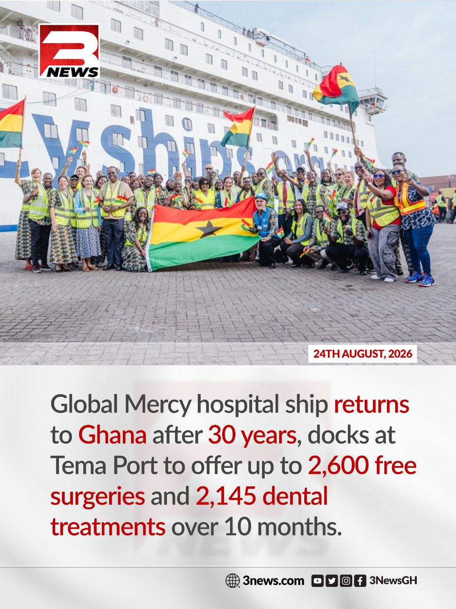 tv3_ghana's tweet photo. The world's largest civilian hospital ship, the Global Mercy, has arrived at the Tema Port for a 10-month mission. 

Operated by Mercy Ships, the vessel will offer up to 2,600 free surgeries and 2,145 dental treatments to Ghanaians, alongside training for local healthcare professionals.

#3NewsGH #TV3GH