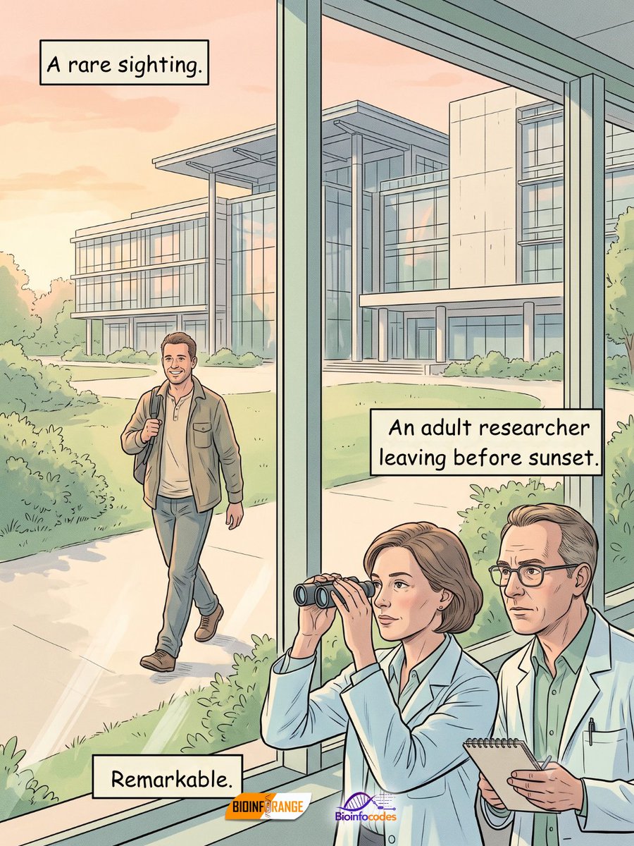 bioinforange's tweet photo. A rare scientific phenomenon: a researcher going home on time. 😂

#bioinforange #researchhumor #lablife #sciencecomic #phdlife https://t.co/n0qnxuyrh5