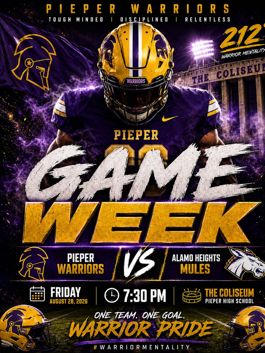 FootballPieper's tweet photo. GAME WEEK ⚔️🏈
The wait is over. It’s time to handle business.
🏈 PIEPER WARRIORS vs. ALAMO HEIGHTS MULES 📅 Friday, August 28th ⏰ 7:30 PM 📍 The Coliseum
Warrior Nation, we need YOU in the stands! Bring the energy, bring the pride, and LET’S PACK THE COLISEUM!💛💜
212° https://t.co/3rKDCq5joF