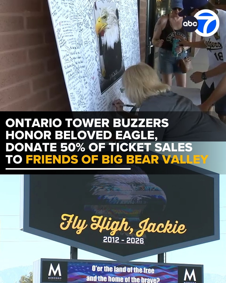 ABC7's tweet photo. The Dodgers' minor league affiliate team in Ontario, the Tower Buzzers, honored the late beloved Big Bear bald eagle, Jackie, at Sunday's game with "Fly High, Jackie Night."

Read more: https://t.co/f1rtMkOpff https://t.co/IMxMQ7OwH0