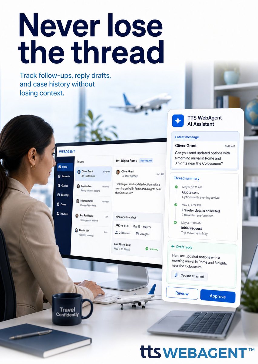 tts_travel's tweet photo. Meet TTS WebAgent AI Assistant! ✨🤖

Built to help travel teams turn customer emails into ready-to-review work, from requests and quotes to follow-ups, while agents stay fully in control.

Learn more: https://t.co/XfEzS8VsBc https://t.co/YbTIvuAi8u