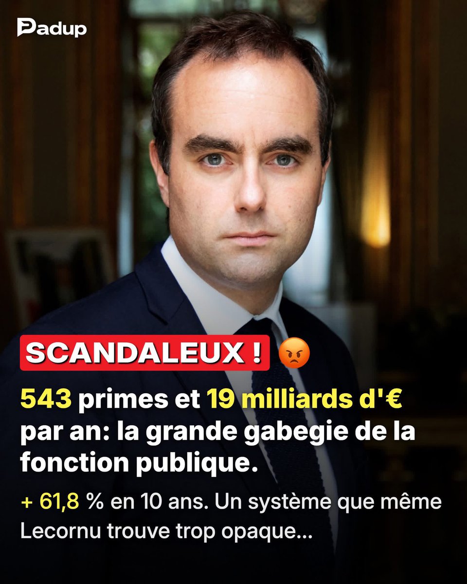 platiniumultra's tweet photo. On vous explique depuis des mois qu'il faut se serrer la ceinture, renoncer, faire un effort, comprendre l'état des finances publiques. Un rapport remis fin juillet montre où part une partie de l'argent, et le détail est difficile à avaler.

🚨 LA FACTURE : 543 primes différentes dans la fonction publique, 19,1 milliards d'euros pour la seule année 2025, une hausse de 61,8% en dix ans. Le rapport a été commandé en février 2026 par Sébastien Lecornu lui-même, à l'Inspection générale des finances et à l'Inspection générale de l'administration.

🔍 LE DÉTAIL QUI PIQUE : l'indemnité de résidence à l'étranger. 6299 agents concernés, 486 millions d'euros versés en 2025. Faites la division : environ 77000 euros brut par agent et par an. De prime. En plus du salaire. Soit plus de quatre fois le revenu annuel d'un smicard, versés en supplément à quelques milliers de personnes.

📉 L'OPACITÉ ORGANISÉE : 185 de ces dispositifs bénéficient à moins de 100 agents chacun. 22 rapportent moins de 100 euros par an et par agent, ce qui coûte probablement plus cher à gérer qu'à verser. Et le plus beau : le nombre de primes a bien baissé, de 628 à 543 en dix ans, mais leur poids dans la rémunération a grimpé de 20,4% à 25%. On a rangé le tiroir sans jamais toucher à l'addition.

19 milliards d'euros par an, et il aura fallu un rapport d'inspection pour savoir à quoi ça sert. Vous en pensez quoi ? 💬