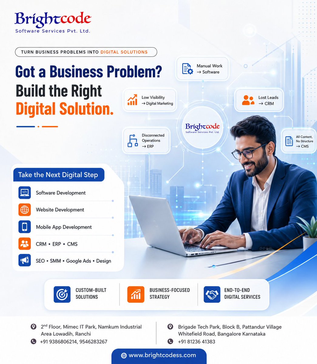 brightcodebss's tweet photo. Turn business problems into digital solutions 🚀

💻 Software &amp; Web Development
📱 Mobile Apps | CRM | ERP | CMS
📈 SEO | SMM | Google Ads

📍 Ranchi &amp; Bangalore

📞 +91 9386806214 | +91 81236 41383

#Brightcode #DigitalSolutions #SoftwareDevelopment #DigitalTransformation https://t.co/DgtBD2LwFw