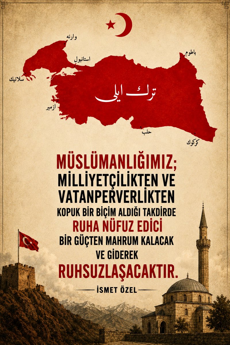 ismetozelokur's tweet photo. Olayların bizi sürüklediği yer itibarıyla Türkiye konusunda sıhhatli düşüncelerin ancak milliyetçilik ve vatanperverlikle koşut gideceği görüşündeyim. Komşuda pişer, bize de düşer anlayışından kalkılarak üretilen her çözümün ülkemizin aleyhine sonuçlara gebe olduğunu fark etmek için çok zeki olmaya gerek yok. Olayların sürükleyici gücüne karşı da yapabileceğimiz bir şey yok. Yapmaya gücümüzün yettiği şey zihin yeterliğimizi değişen şartların hizmetine vermemekten ibarettir. İnsanın zihin gücü itikadından gelir. Bozuk itikat başlı başına zaaftır. İtikat bozukluğunun verdiği istikamet gereğince hareket edildiği takdirde görülür ki bizi biz hale getiren Müslümanlığımız milliyetçilikten ve vatanperverlikten kopuk bir biçim aldığı takdirde ruha nüfuz edici bir güçten mahrum kalacak ve giderek ruhsuzlaşacaktır. Nitekim Cumhuriyet’in ilanından günümüze kadar geçen zaman boyunca Türkiye’de yavuz hırsız ev sahibini bastırmakta hiç zorlanmamıştır. Müslümanlığımızın vatanperverlik olarak ete kemiğe bürünmesinin önüne hem ruhî hem de maddî engeller konulmuştur.

İsmet Özel, Cuma Mektupları-II 
(Kaçırılmaması Gereken Yegâne Fısat Kaçırma Fırsatıdır, 2001)