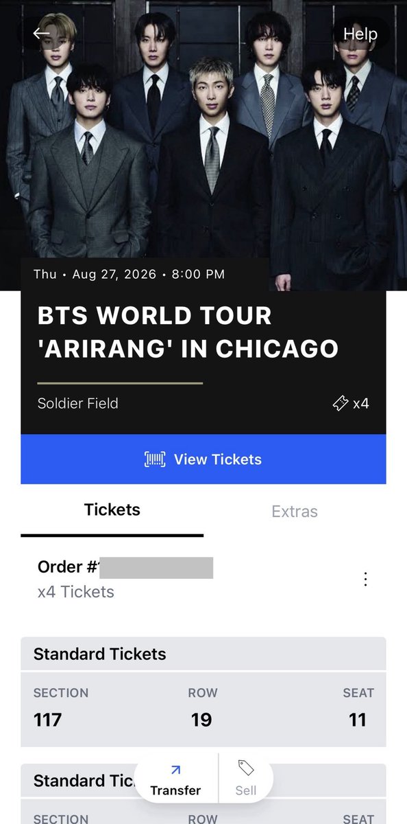 _Ichika_5's tweet photo. I’ve got for sale 4 tickets to BTS Concert in Chicago for day 1

Date/ Thu, Aug 27, 2026

Venue: Soldier Field in Chicago, IL

Time: 8:00pm

Section 117, Row 19

Asking $200 per ticket   

 Dm if you’re interested https://t.co/kwbD9168JM