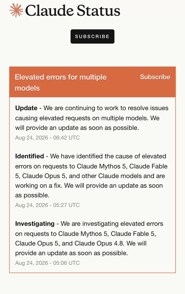 ns123abc's tweet photo. 🚨CLAUDE IS DOWN

Anthropic status reports elevated errors across Mythos 5, Fable 5, Opus 5, Opus 4.8, plus “other models”

Affecting the Claude app, the API, Claude Code, and Cowork https://t.co/ulstHVJfLx
