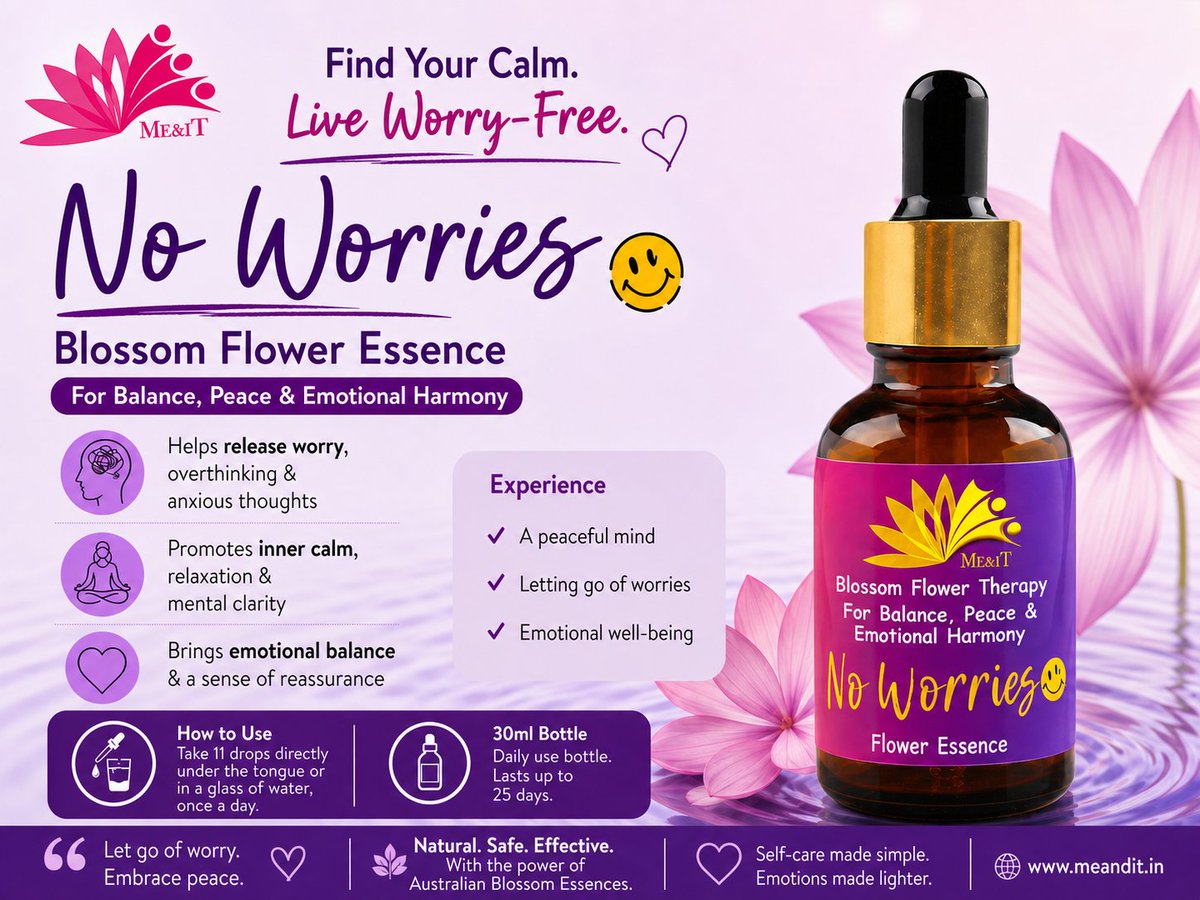 MEANDIT_'s tweet photo. Overthinking. Worry. A restless mind. 🌸

𝗡𝗼 𝗪𝗼𝗿𝗿𝗶𝗲𝘀 Blossom Flower Essence is a simple daily ritual to support emotional balance, inner calm and peace.

✨ Let go of worry.
💜 Embrace peace.
🌿 Feel lighter.

Discover 𝗡𝗼 𝗪𝗼𝗿𝗿𝗶𝗲𝘀 at https://t.co/jpVUlAnUcN https://t.co/cpNg2oNctL