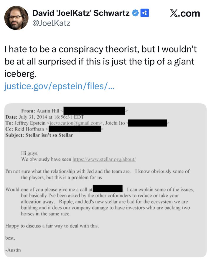 AnnieGiovingo8's tweet photo. David Schwartz has dropped an Epstein file!

The entire Epstein Island community was terrified of #XRP and #XLM. https://t.co/E78yPhAqHI