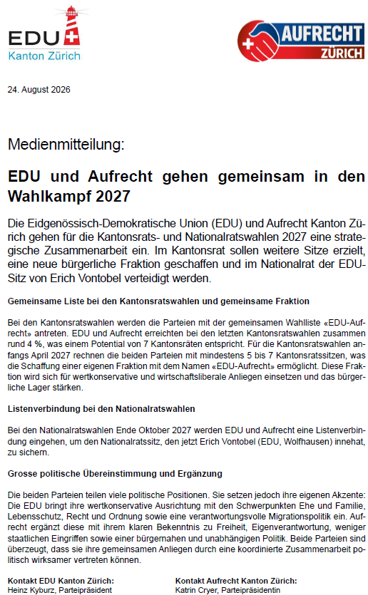 EDU_ZH's tweet photo. Die Eidgenössisch-Demokratische Union (EDU) und Aufrecht Kanton Zürich gehen für die Kantonsrats- und Nationalratswahlen 2027 eine strategische Zusammenarbeit ein.
Mehr dazu in der angehängten Medienmitteilung.
@AufrechtZurich https://t.co/XM74ASAFS8