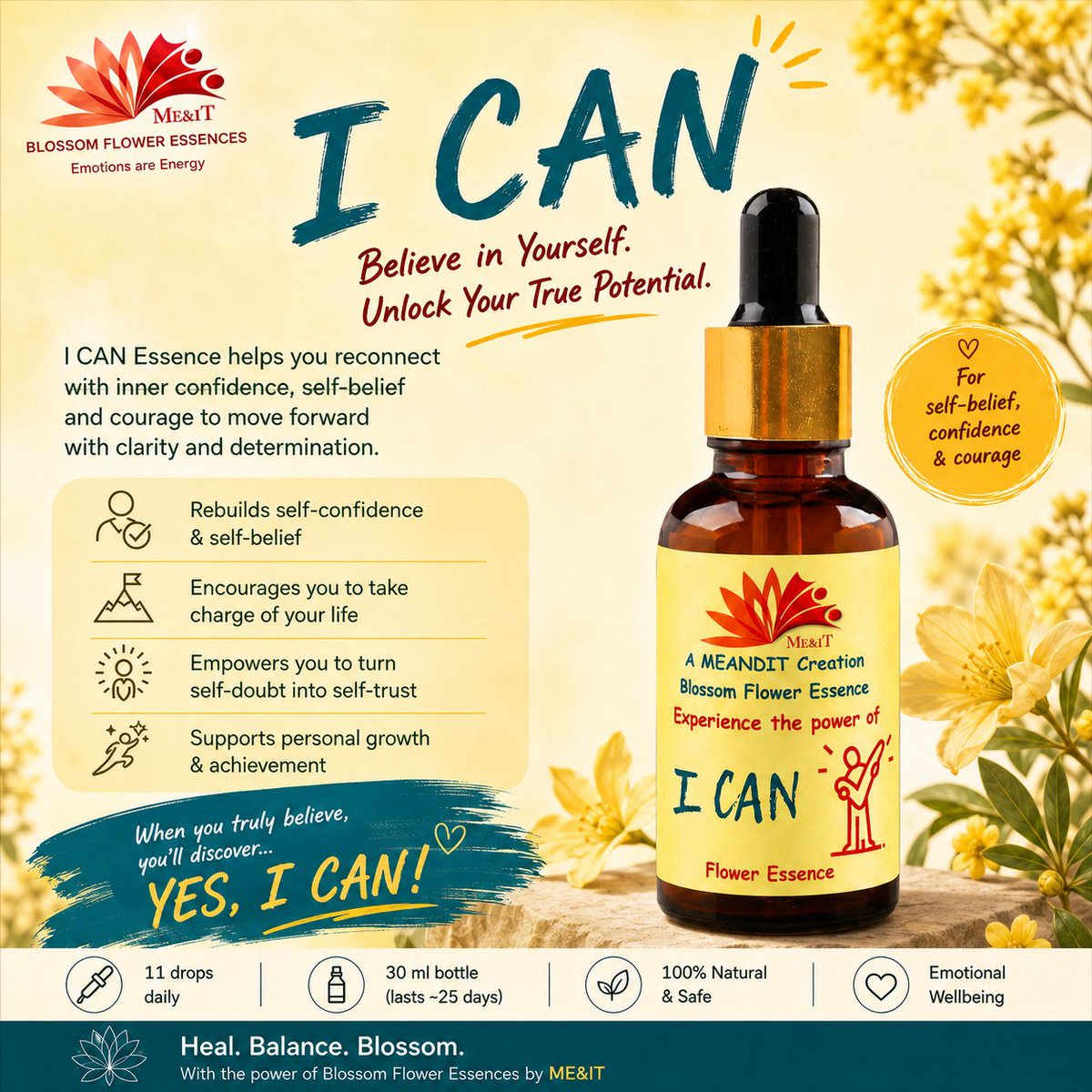 MEANDIT_'s tweet photo. Self-doubt says “𝗜 𝗰𝗮𝗻’𝘁.” Your inner strength says “𝗜 𝗖𝗔𝗡!” 

ME&amp;IT’s 𝗜 𝗖𝗔𝗡 Blossom Flower Essence supports self-belief, confidence and the courage to move forward. 

Believe in yourself. Unlock your true potential
https://t.co/0Ck0x2nQqM

#MEANDIT #SelfBelief https://t.co/sZRVvtMGKG