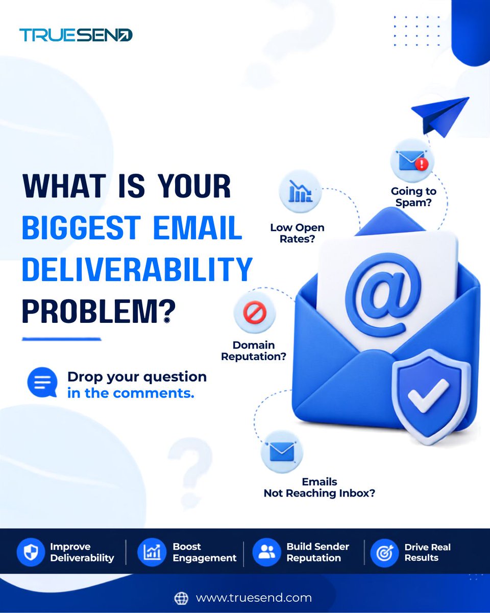 truesend's tweet photo. What’s your biggest email deliverability problem?
Going to spam? Low open rates? Domain reputation? Emails not reaching the inbox?
Ask TrueSend: Drop your question in the comments.
#EmailDeliverability #EmailMarketing #InboxPlacement #EmailMarketingTips #TrueSend https://t.co/MJKHvu3Jmj