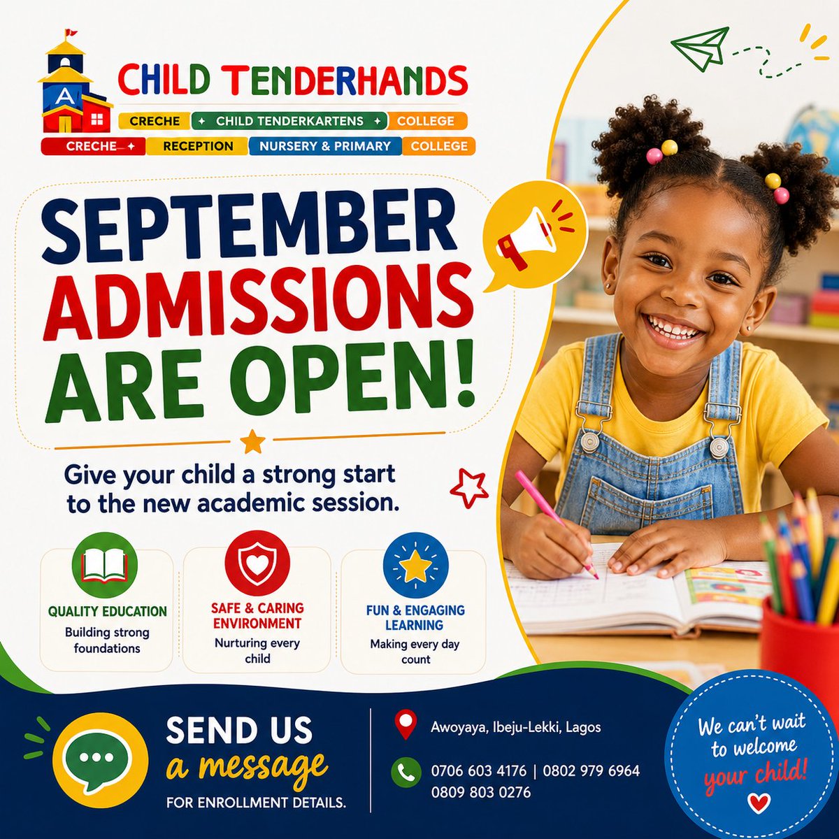 childtenderhand's tweet photo. 🎓 SEPTEMBER ADMISSIONS ARE OPEN! 🌱

Give your child a strong start to the new academic session with a learning environment built around growth, confidence, discovery and care. 📚✨

📩 Send us a message for enrollment details.

#SchoolAdmissions #ChildTenderhands #Montessori https://t.co/5IVj87t575