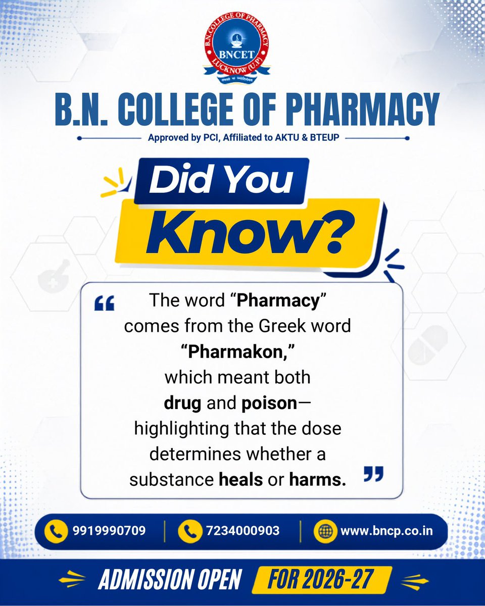 bncplucknow's tweet photo. 𝗗𝗶𝗱 𝘆𝗼𝘂 𝗸𝗻𝗼𝘄? 💊✨

A medicine can 𝗵𝗲𝗮𝗹 𝗼𝗿 𝗵𝗮𝗿𝗺—it’s all about the right dose! 🧪
From ancient wisdom to modern pharmacy, every dose carries a story. 🔬💙

𝟳
📞 9919990709 | 7234000903
🌐 https://t.co/KD2cBjz815

#Pharmacy #DidYouKnow #PharmacyFacts https://t.co/1nr1loYJSE