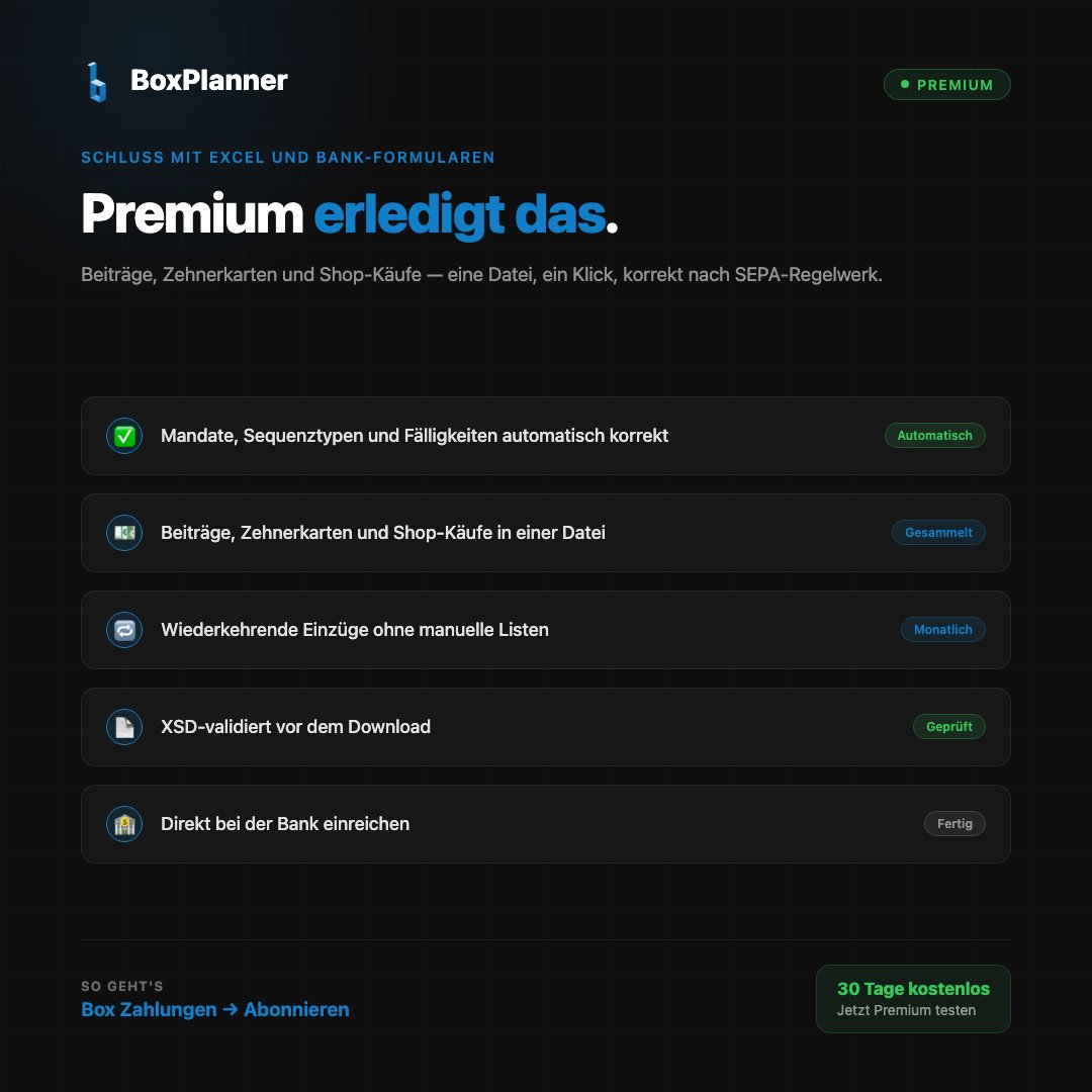 boxplanner's tweet photo. Deine Bank wechselt das SEPA-Format 🏦

Ab Nov. 2026 verlangt die Deutsche Bank pain.008.001.08 (ISO 20022). Die Commerzbank verlangt es jetzt schon.

BoxPlanner Premium erzeugt die Sammellastschrift auf Knopfdruck — im neuen Format, von beiden Banken in der Praxis akzeptiert. Keine Adress-Nachpflege nötig.

30 Tage kostenlos testen.

Gilt für DE & AT.

#CrossFit #GymManagement #CrossFitDACH #BoxPlanner #SEPA