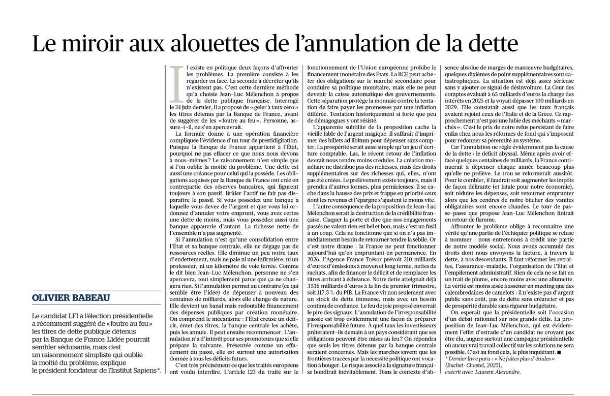 OlivierBabeau's tweet photo. « Jean-Luc Mélenchon et le miroir aux alouettes de l’annulation de la dette. »

Ma tribune dans Le Figaro sur cette proposition qui augure si mal du niveau de cette campagne car elle est surtout faite pour éviter de faire face au défi d’une mise en ordre des comptes. https://t.co/R34cTwNGME