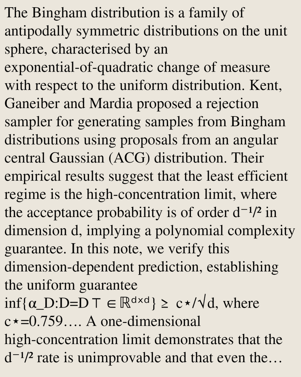 StatisticsCO's tweet photo. A Complexity Bound for the Kent-Ganeiber-Mardia Sampler for the Bingham Distribution

Sam Power
https://t.co/VYLNx8Ncbe [𝚜𝚝𝚊𝚝.𝙲𝙾 𝚖𝚊𝚝𝚑.𝚂𝚃] https://t.co/mTdDGarLIo