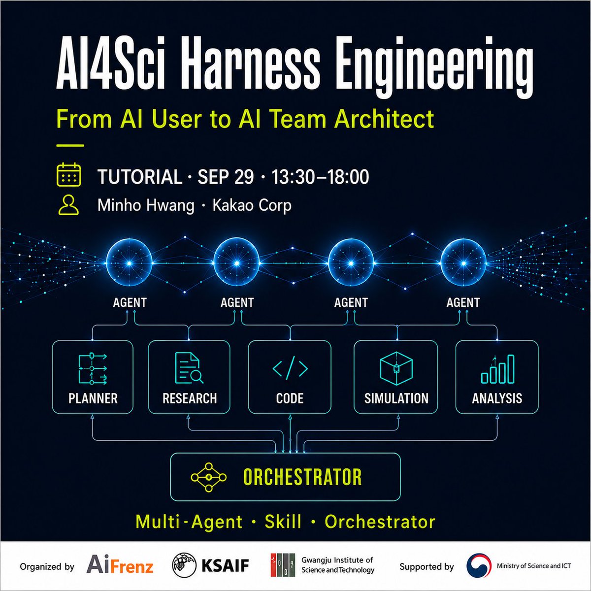aifrenzx's tweet photo. AI4Sci Korea 2026 hands-on tutorials:

Sep 29: Harness Engineering
Sep 30: NVIDIA PhysicsNeMo
Registered attendees only. Day-of admission is first-come, first-served. 
Bring a laptop.
https://t.co/5UKziSHqGR #AI4SciKorea2026 https://t.co/4D9pGDUAbc
