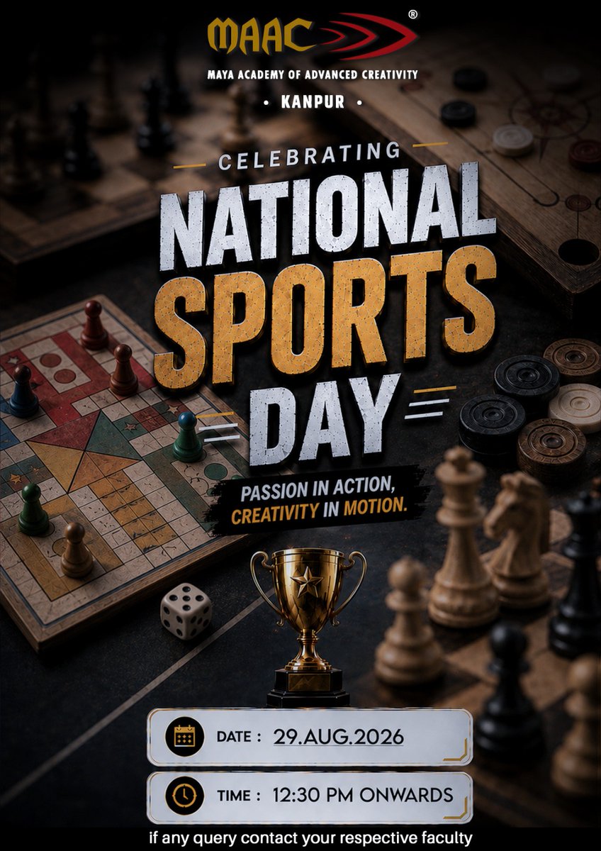 MAAC_KANPUR's tweet photo. 🏆 Celebrating National Sports Day! 🏆
Let’s celebrate the spirit of sportsmanship, discipline, teamwork and determination through the games we love! ♟️🎲🏆
🎯 Games Featured: Chess • Ludo • Carrom
#NationalSportsDay #MAACKanpur #SportsDay2026 #Chess #Ludo #Carrom https://t.co/AIKzOZPDZK