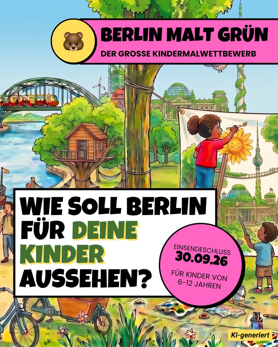 baumentscheid's tweet photo. Wie sieht Berlin aus, wenn deine Kinder mal groß sind? 🤔
Bei unserem Malwettbewerb „Berlin malt grün“ zeigen Kinder von 6 bis 12 Jahren ihre eigene Vision für Berlin. Mitmachen lohnt sich! Es gibt schöne Preise und die besten Bilder werden ausgestellt
👉 https://t.co/S6HgpwFMsC https://t.co/MXYWDwJSwR