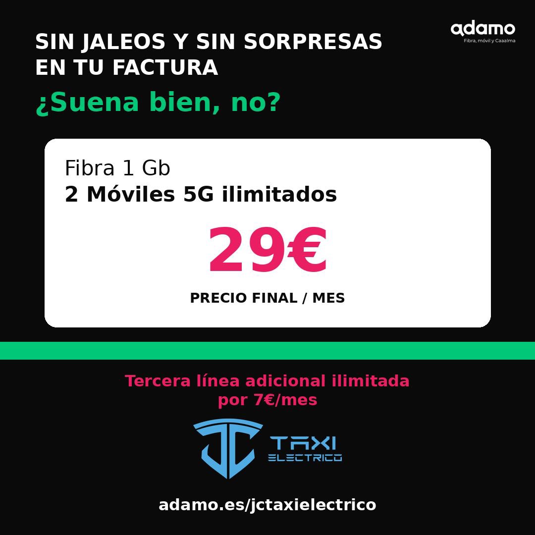 JCTaxiElectrico's tweet photo. Hoy os traigo fibra + móvil para mi comunidad ❤️🛜

 Fibra + Móvil desde 25€/mes. Precio final, sin sorpresas. 📶

📌 Fibra 1Gb + Móvil 5G ilimitado → 25€/mes
📌 Fibra 1Gb + 2 Móviles 5G ilimitados → 29€/mes
➕ Tercera línea ilimitada por solo 7€/mes más

Sin permanencia rara, sin letra pequeña. El precio del mes 1 es el mismo que el del mes 20.

👉 https://t.co/7qcftelqUE
📞 Llamada gratuita al 900 651 718 y pregunta por la oferta exclusiva JCTAXIELECTRICO.

#Fibra #Movil5G #Ahorro #JCTaxiElectrico #adamo