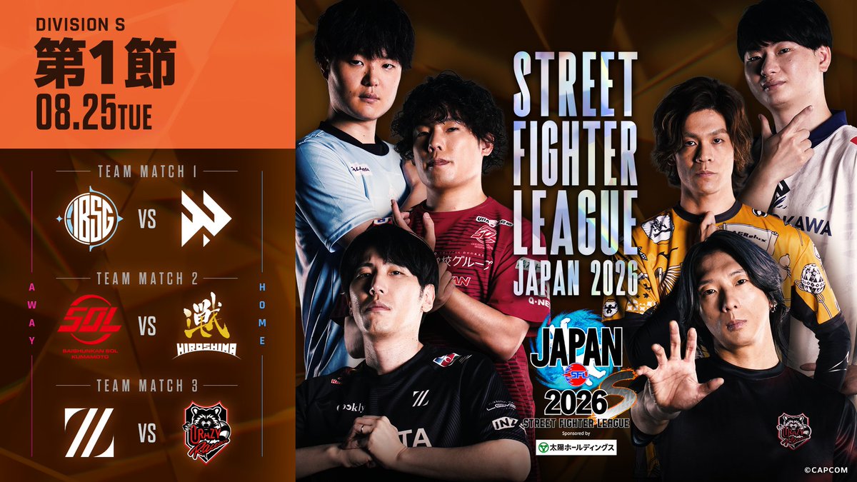 CAPCOM_eSports's tweet photo. #SFリーグ いよいよ明日開幕🔥
8月25日(火) 18:40~放送

─今年も、ファイターたちのアツい夏が始まる。

【TEAM MATCH 1】IBSG vs FAV

【TEAM MATCH 2】SS熊本 vs iXA

【TEAM MATCH 3】ZETA vs CR

配信はこちらから⏬
🔴https://t.co/2SSJNpkjrA
🟣https://t.co/0GICDzC7aV

#ストリートファイター6