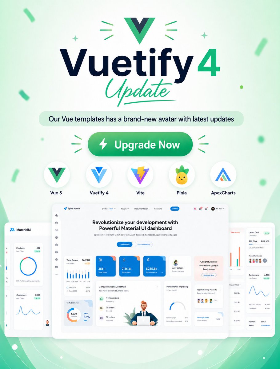 WrapPixel's tweet photo. 🚀#Vue Update is here!

This update bring #Vuetify4 support, updated dependencies, styling improvements, bug fixes, and more.

👉Upgrade Now: https://t.co/PHipA3F9KP

#VueJS #Vuetify #VueTemplates #WebDevelopment #Frontend https://t.co/Xre0Lms1aP