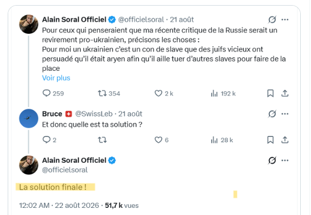 FrancoisCame's tweet photo. Photo n°1 - Alain Soral prêche "la solution finale" pour les juifs.
Il revendique donc non seulement d'être hystériquement antisémite, mais aussi d'être un nazi.

Photo n°2 - Liste des gens qu'un responsable associatif connu associe tout naturellement à Alain Soral, pour faire interdire le CRIF.
Comme s'ils étaient, donc, hystériquement antisémites et néo-nazis.

A leur place, je me sentirais un peu gêné...

(Mais on attend encore que ces gens condamnent très vigoureusement les thèses d'Alain Soral. 🙂)

LA LISTE : 
- Dieudonné ("humoriste") @MbalaDieudo 
- Jean-Luc Mélenchon (homme politique) @JLMelenchon 
- Dominique de Villepin (homme politique) @Villepin 
- Ouyed Benjamain (antisémite sur X - "Baise les sions, on va vous exterminer", etc.) @Ouyed_Benjamin 
- Kayi Turk (pro musulman sur X) @KayiTurk_   
- Akim Omiri (intervenant sur Radio Nova) @AkimOmiri 
- Pascal Boniface (géopolitologique pro-russe) @PascalBoniface 
- Bruno Gaccio (ex auteur de sketchs) @GaccioB 
- Emilie Gomis (joueuse de basket) @emiliegomis 
- Mourad Guichard ("journaliste") @MouMou_Guichard 
- Aymeric Caron (homme politique) @CaronAymericoff 
- Edwy Plenel (journaliste) @edwyplenel 
- Jean-Pierre Mignard (homme politique) @jpmignard 
- Olivier Rimmel (souverainiste pro-russe sur X)  @OlivierRimmel 
- Danièle Obono (femme politique) @Deputee_Obono 
- Rima Hassan (femme politique) @RimaHas 
- Yvan Le Bolloc'h (acteur) @YLeBolloch  
- Thomas Portes (homme politique) @Portes_Thomas