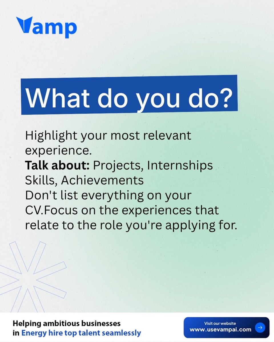 usevampai's tweet photo. “Tell me about yourself” doesn’t mean “tell me your whole life story.”

A simple way to answer it is:

1. Start with who you are.
“I’m a project manager with experience supporting teams and delivering projects across different stages.”

2. Talk about what you’ve done.
“In my previous roles, I’ve managed timelines, coordinated stakeholders, tracked deliverables, and helped ensure projects were completed efficiently. One project I’m particularly proud of was…”

3. Connect it to the role.
“I’m now looking for an opportunity where I can bring that experience into a team where I can contribute, take on bigger responsibilities, and continue growing.”

That’s it.

You don’t need to mention everything you’ve ever done. Pick the experiences that make you relevant to the role you’re interviewing for.

Think: Who you are → What you do → What you want.
