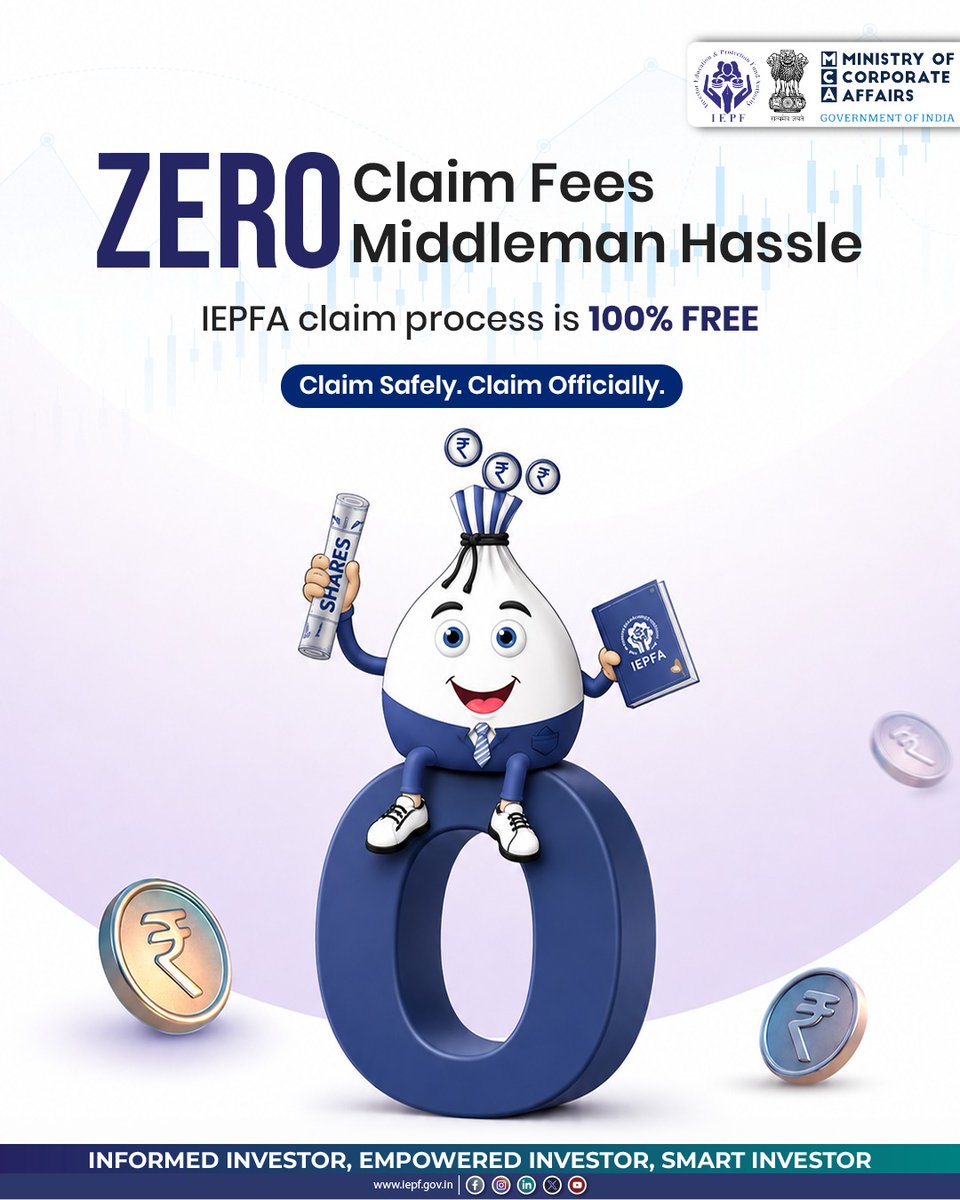 authorityiepf's tweet photo. No middlemen. No claim fees. No hassle.  Get your IEPFA claim processed safely and officially, completely free of cost. Claim what’s rightfully yours!

#IEPFA #InvestorAwareness #InvestorProtection #ClaimSafely #ClaimOfficially #FinancialLiteracy #InvestorEducation #NoMiddlemen #ZeroFees #MinistryOfCorporateAffairs #SmartInvestor #InformedInvesto
