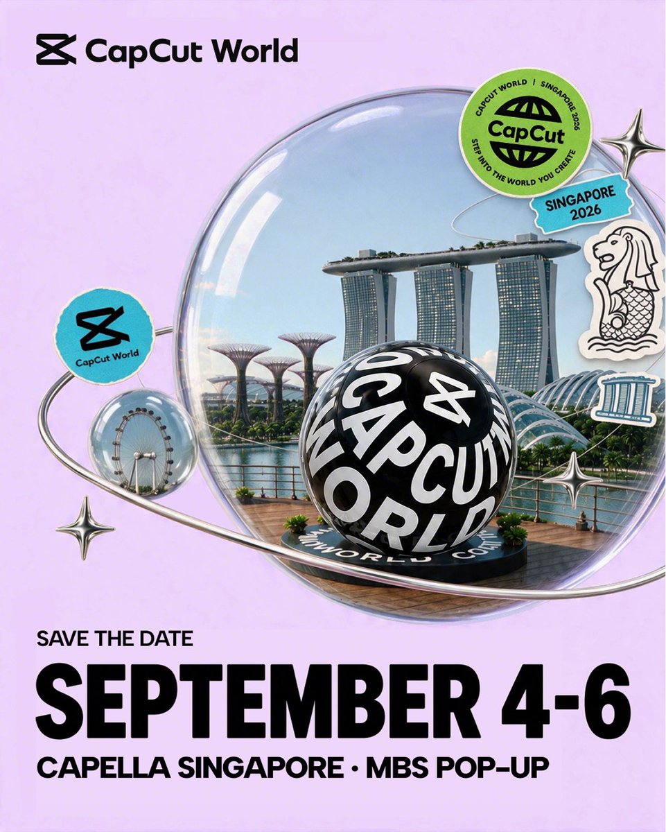 capcutapp's tweet photo. Something big is coming. 👀 
Introducing CapCut World, our first-ever global creator event series. A global gathering for the people making what’s next: filmmakers, editors, designers, AI artists, template creators, and everyone.  

Marina Bay Sands Singapore, Sept 4–6
Explore, create, and get a first look at what’s new with CapCut AI. Come for the creativity. Stick around for the surprises. 

Capella Singapore, Sept 5
We’re bringing creators and industry leaders together for an invite-only day of product reveals, creator workshops, the first CapCut AI Festival screenings, and the Creator Awards.  

Next stops: Los Angeles in October and London in November. 

Three cities. One world. See you at CapCut World.

More at https://t.co/Z8mwYQX832