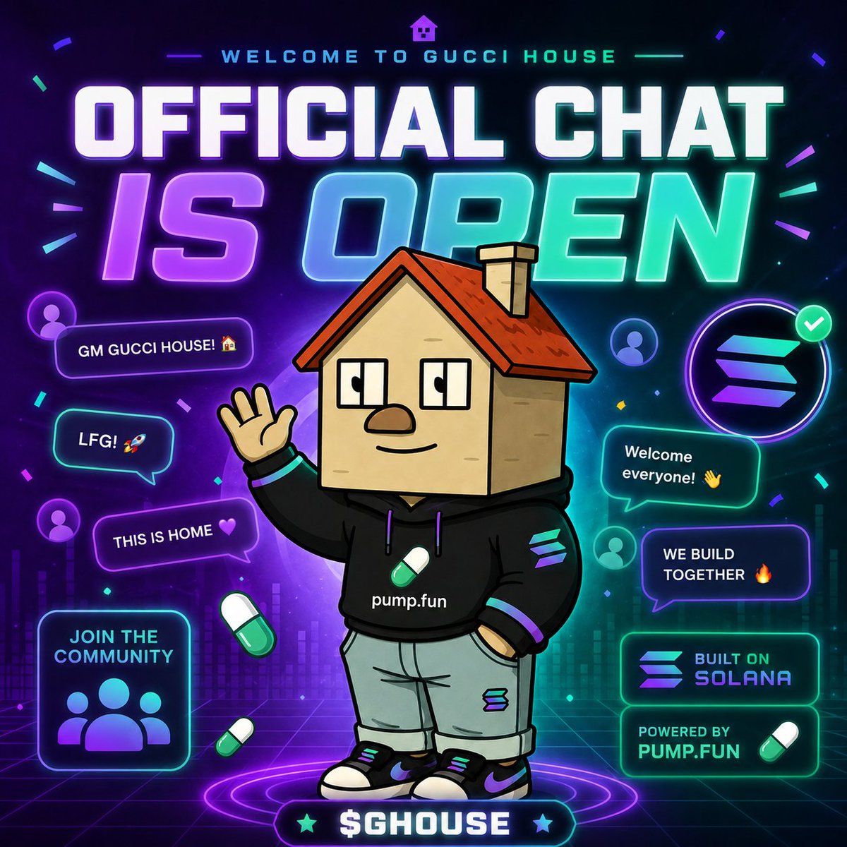 GHOUSEsol's tweet photo. https://t.co/wWqN8rKzTD 

OFFICIAL CHAT IS NOW OPEN. 🏠💬

The doors to GUCCI HOUSE are officially open.

Join the chat, meet the holders, share memes and build $GHOUSE together.

this house needs a community. 🏠🔥

$GHOUSE

#Solana #Memecoin #PumpFun #GHOUSE https://t.co/sU3sByCnSO