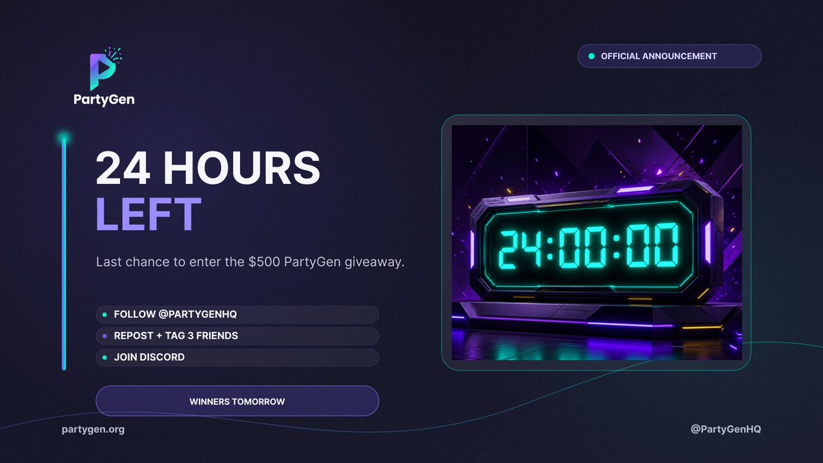 PartyGenHQ's tweet photo. ⏰ 24 HOURS LEFT! Don't miss your chance to win a slice of the 500 $USDT PartyGen Rebrand Giveaway! 🎁

1️⃣ Follow @PartyGenAI
2️⃣ Like and RT the giveaway post below
3️⃣ Join PartyGen Official Discord Channel

Winners announced tomorrow! 

👇

#CryptoGiveaway #PartyGen https://t.co/vj5UJSI8Oo