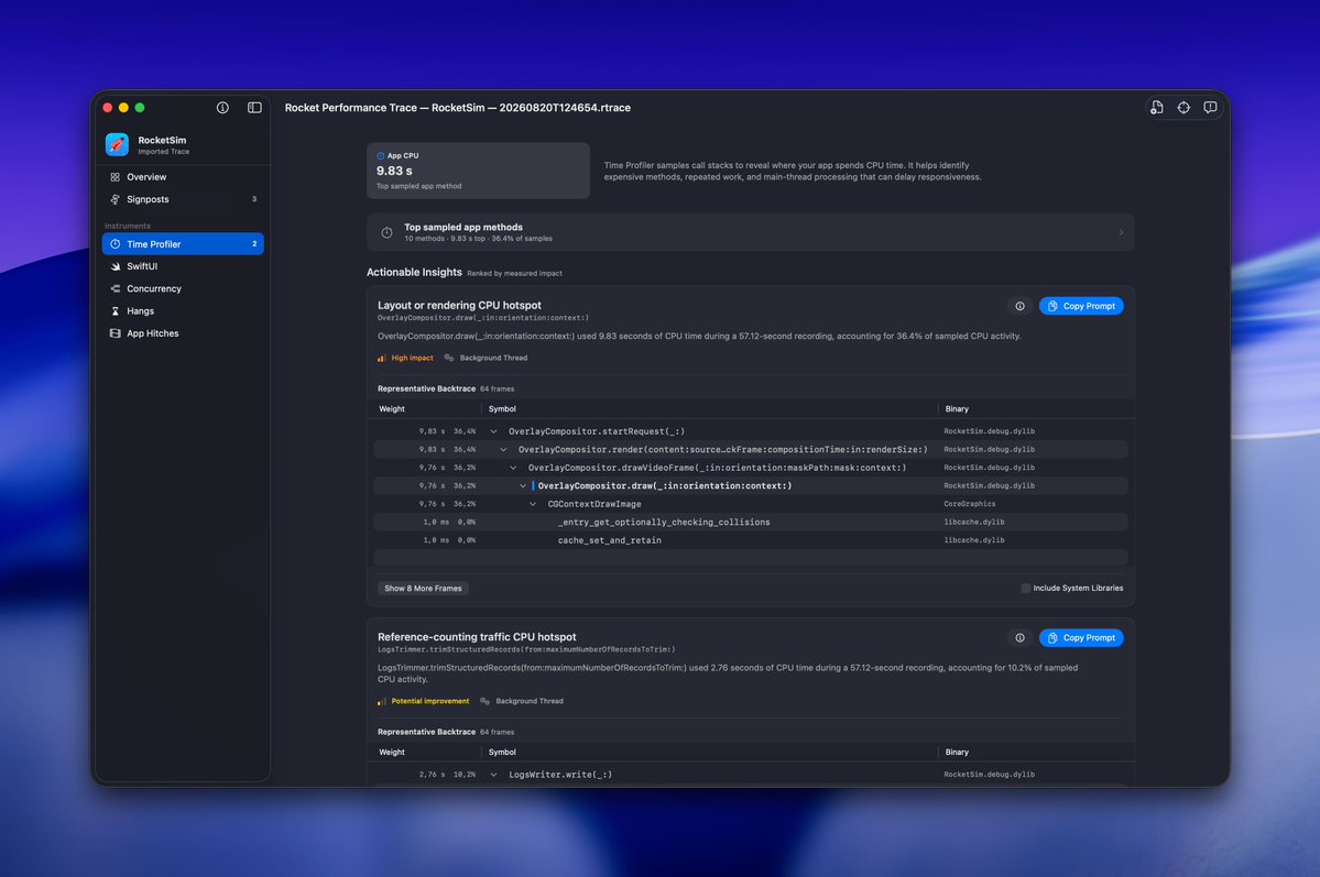twannl's tweet photo. RocketTrace beta build 4 will include some great improvements!

✨ UI Polish
⚖️ Multiple runs support
❤️‍🩹 Quick health checks

Xcode Instruments starts to become fun to use! https://t.co/q6ObBpG0eG