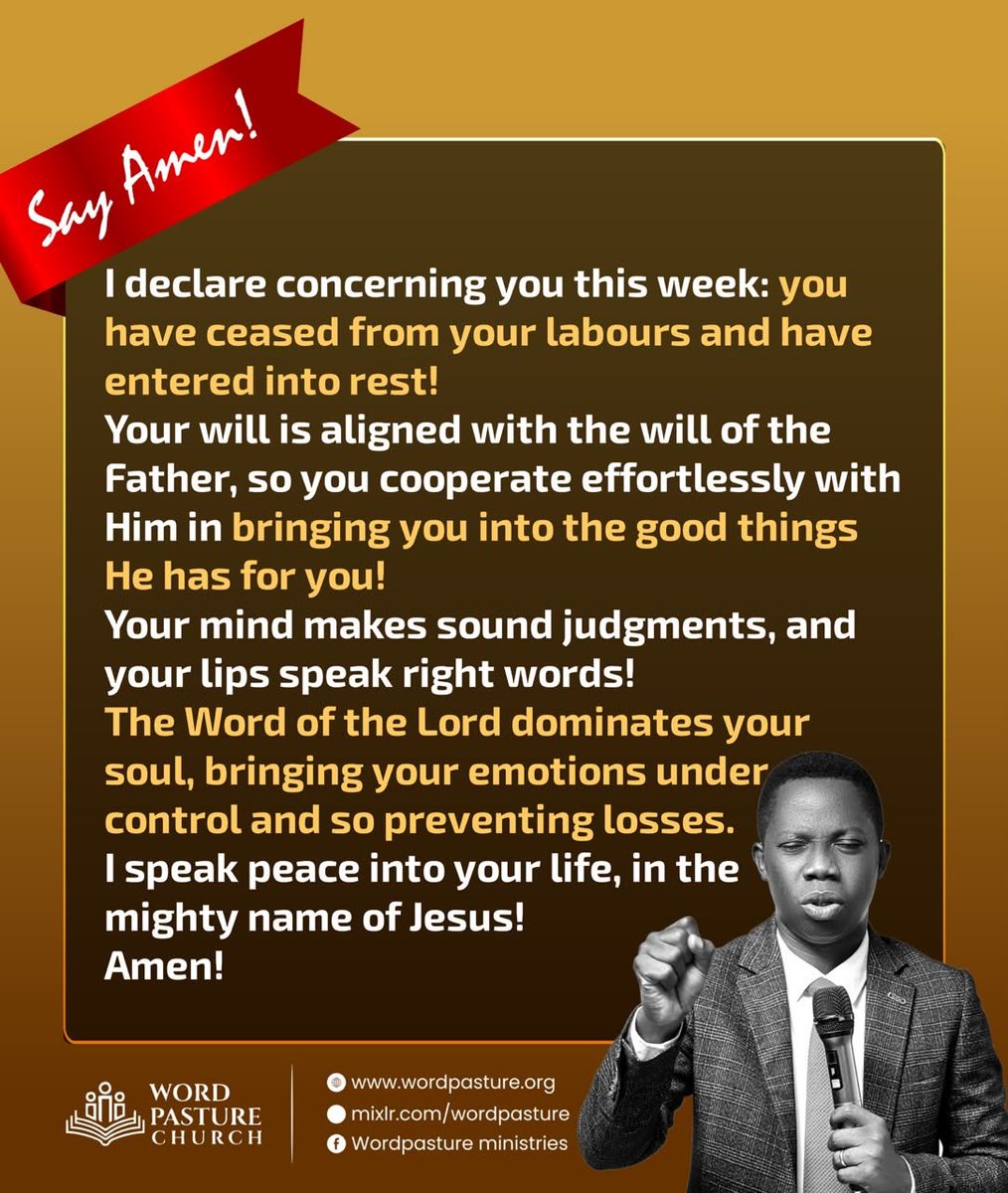 Wordpasture's tweet photo. Dear Beloved,
Welcome to a new week filled with God’s blessings! ✨✨
These prophetic words have been spoken over you by our Pastor, Dr. ‘Riel. As you read it, believe, receive, and SAY AMEN!
#amen #blessedmonday #blessings #blessed #sayamen https://t.co/2EYPNUH8Nt