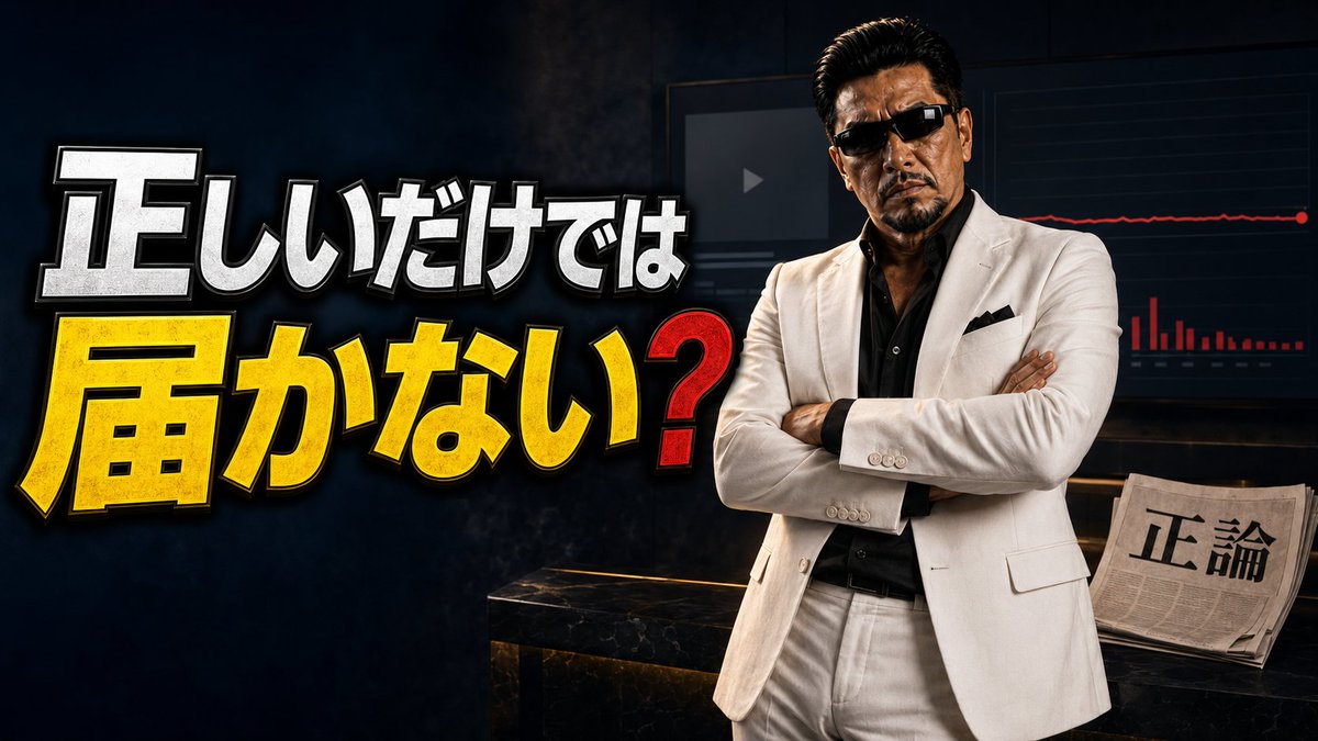 ryunosuke_noter's tweet photo. 政治YouTubeを始���た頃、私はこう思っていました。

「正しいことを言えば見てもらえる」

ところが、クリックされなければ始まらない。
冒頭30秒で離脱されたら伝わらない。
次も見たいと思われなければ登録にはつながらない。

必要なのは?

https://t.co/EqpDnNkAgZ https://t.co/1ytBu5udJD