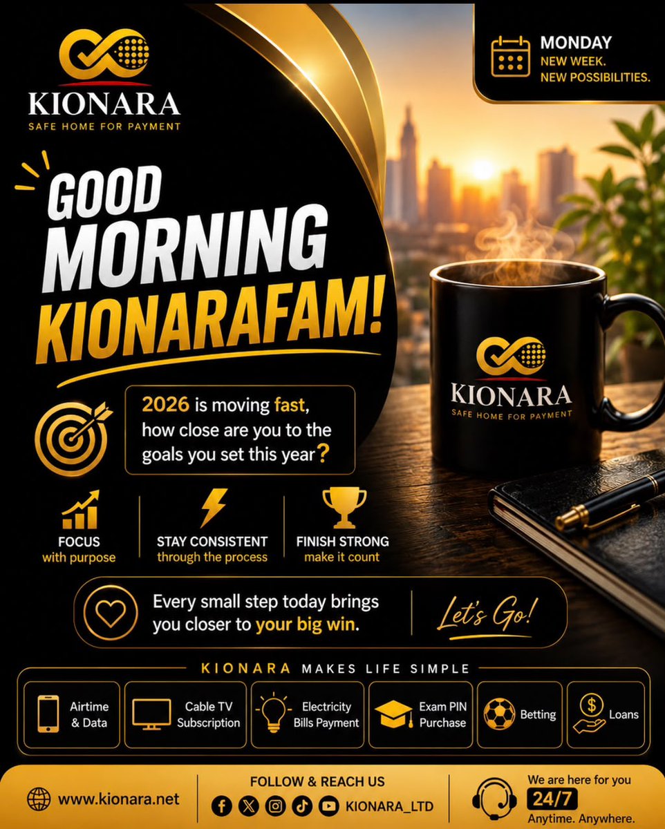 KIONARA_Ltd's tweet photo. A new week is another chance to make progress where it matters.
Whatever you’re building, show up, do the work, and give this week a reason to remember you.
KionaraFam, let’s make it count.
#Kionara #MondayEnergy #KeepRising
#Airtime #Data #Electricity #bills #account https://t.co/v4Q0FAeCLE