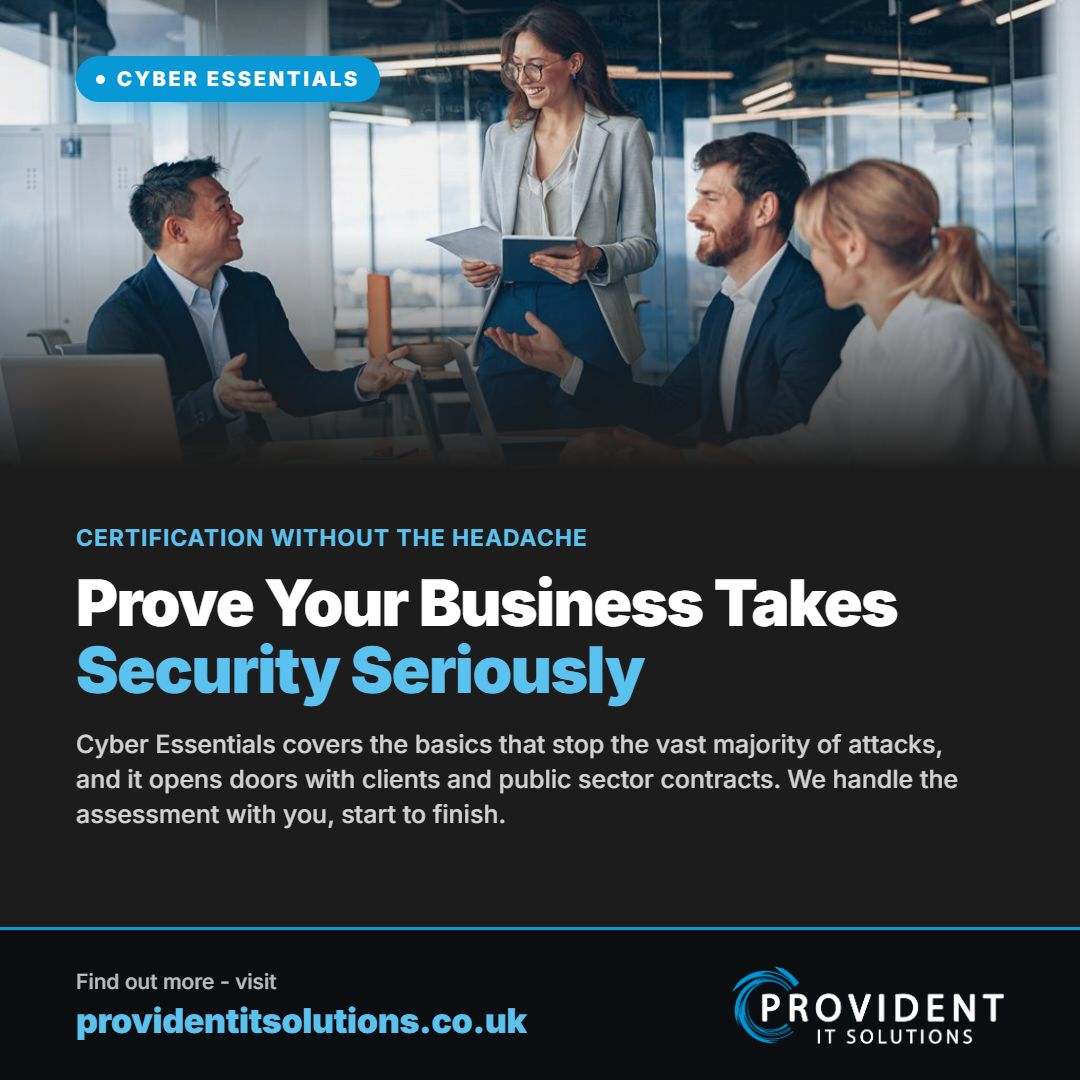 ProvidentITS's tweet photo. Asked if you're Cyber Essentials certified and didn't know what to say? 🛡️ 

It's a UK govt-backed scheme proving you've got the basics covered against common attacks. And it's increasingly what contracts and clients expect.

We can help you get there 👇

https://t.co/NfLk78zKjB https://t.co/xiQFO7s71a