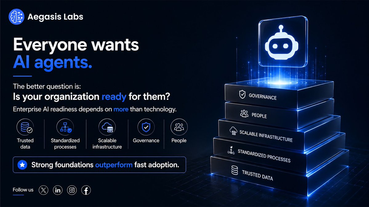 aegasislabs's tweet photo. AI agents aren't the starting point—they're the outcome.

Enterprise AI needs:
✓ Trusted data
✓ Standardized processes
✓ Scalable infrastructure
✓ Governance
✓ People

At Aegasis Labs, we build the foundations for lasting AI value. https://t.co/IKRR9FfHgP