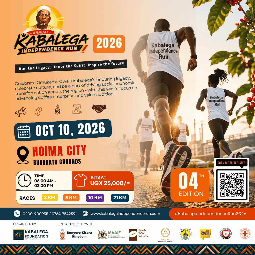 KabalegaRun's tweet photo. The 4th Edition of the Annual Kabalega Independence Run is here! 👑🏃🏾‍♂️💨

🗓️ Oct 10, 2026 📍 Hoima City (Rukurato Grounds) 🏁 2KM | 5KM | 10KM | 21KM 🎽 Kit: UGX 25,000

Join us as we honor legacy &amp; inspire community transformation! 🇺🇬✨
#KabalegaIndependenceRun2026 #KIW2026 https://t.co/6gcNmKUgnQ