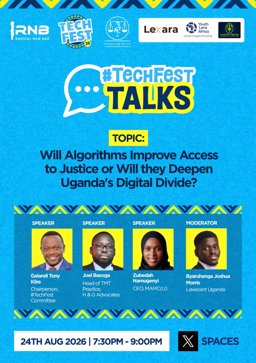 ug_lawsociety's tweet photo. TONIGHT! Don't Miss This Conversation. ๐๏ธ
Join us and @Lawpointuganda for #RNBTechFest TALKS as we unpack one of the most critical questions at the intersection of Law & Tech in Uganda.
TOPIC: Will Algorithms Improve Access to Justice or Will They Deepen Uganda's Digital Divide?
Link: https://t.co/5ScsFMshVZ
Panel: @TonyKiire, @JoelBasoga @N_Zubedah
#RNBTechFest2026 #DigitalTransformation
#ULSAt70 #ResistLawlessness